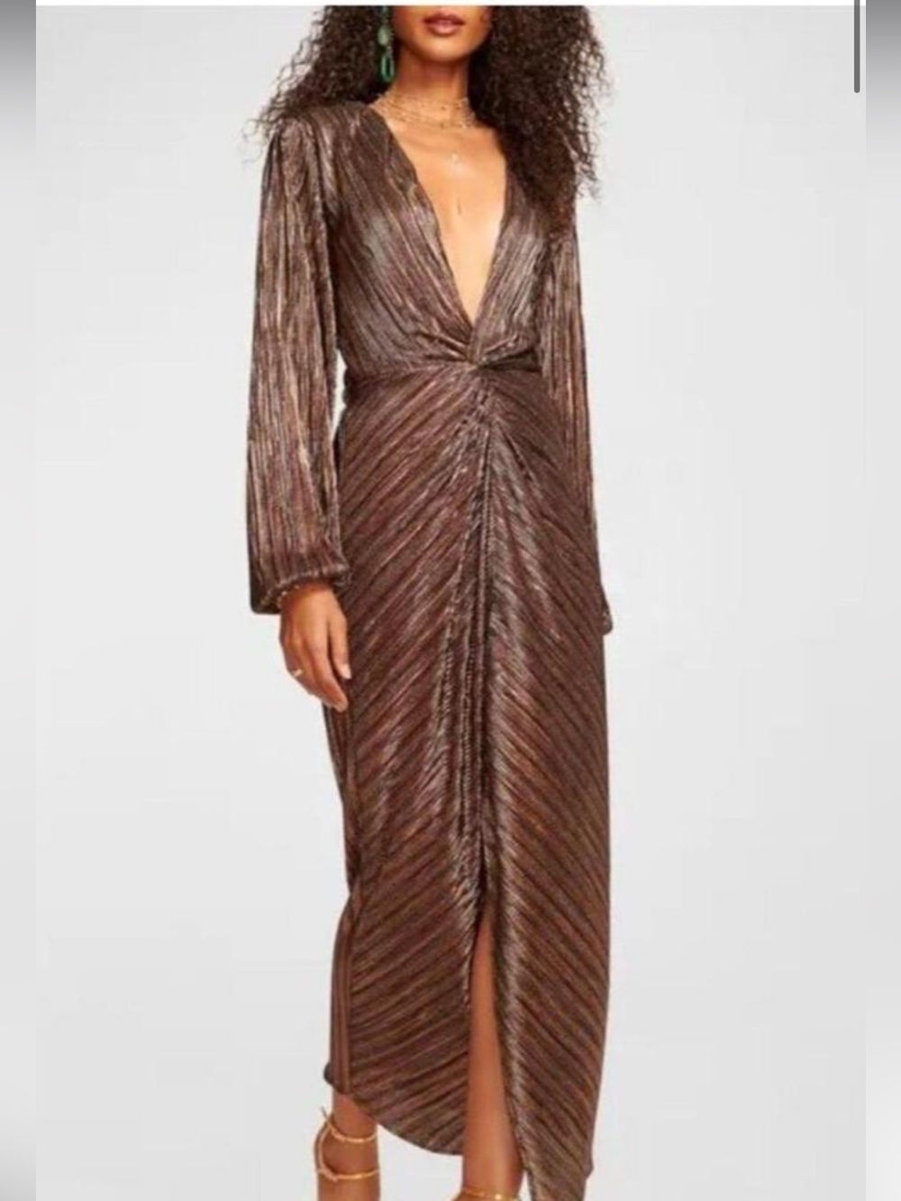 Ramy Brook Sutton Metallic Multi-color Plissé Twist-Front Maxi Dress Size L